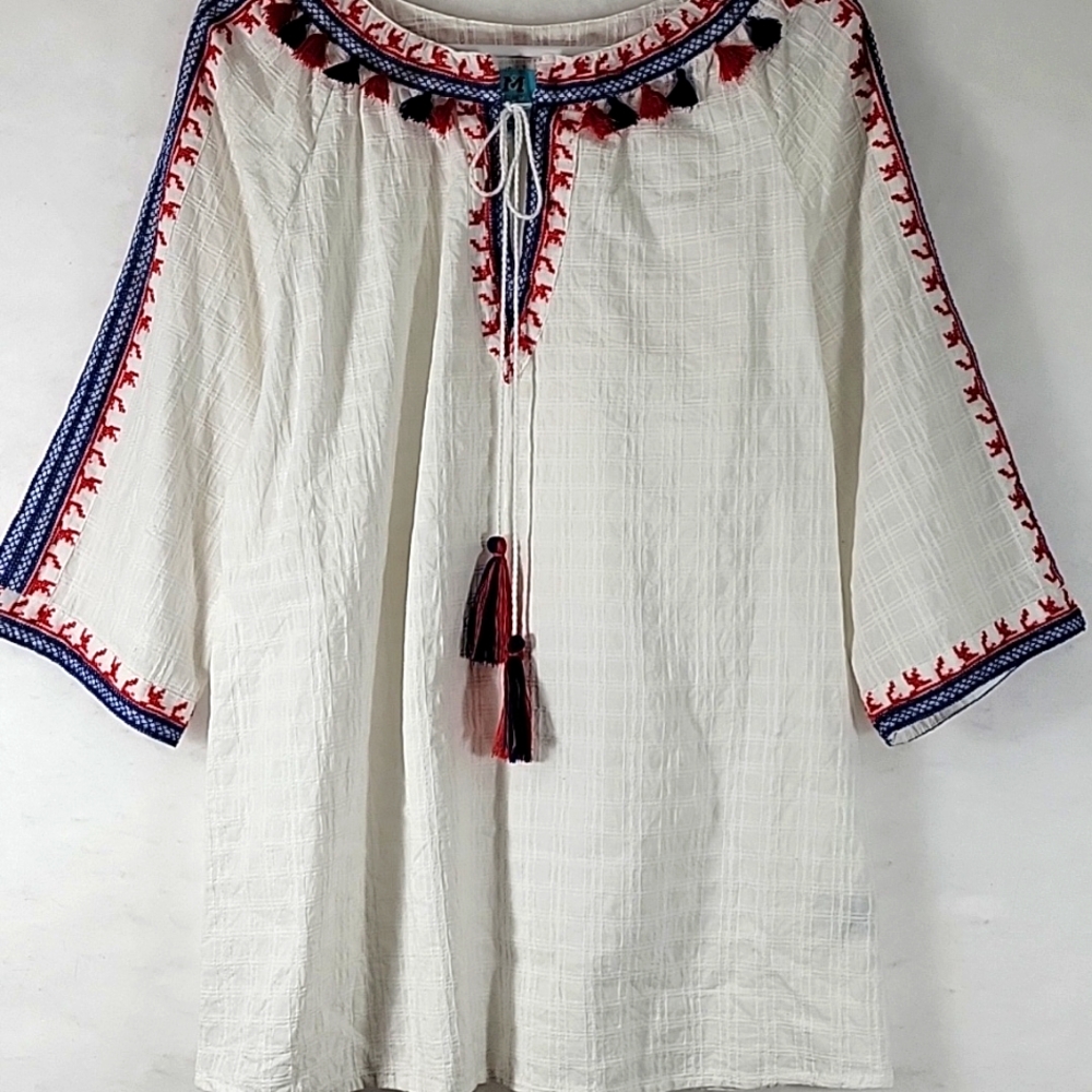 SOUTH MAIN Cross Stitch and Tassels Embellished Tunic Size L